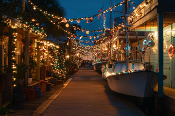 Nautical holiday cheer: Coastal town street lit with Christmas lights and decorated docks