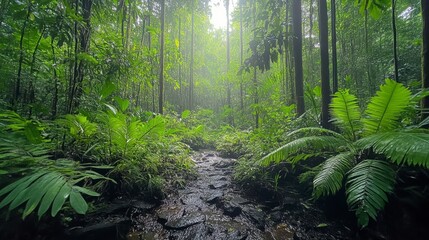 A tranquil rainforest scene. A small creek flows through lush vegetation under a misty canopy of tall trees.