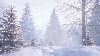 Obraz premium Winter Landscape with Snowy Trees and Glowing Lamp Posts
