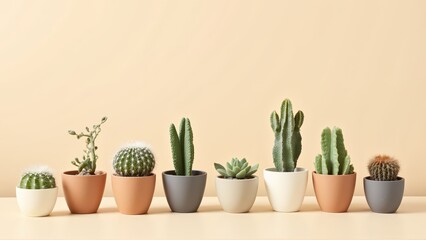 Fototapeta premium Generative AI, Minimalist Arrangement of Potted Cacti and Succulents in Soft Lighting
