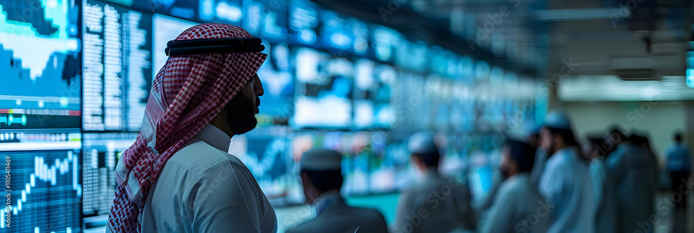 Poster man in traditional attire observes financial data on numerous screens in a modern setting
