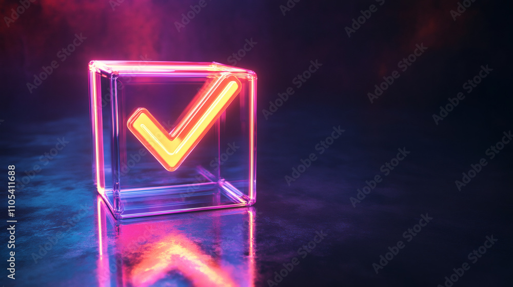 Poster glowing orange check mark in neon inside glass cube on reflective surface with dramatic lighting
