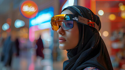 Futuristic Woman in Headband Glasses Navigates a Vibrant Cityscape at Night