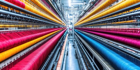 Textile production line in the fabric industry showcases the intricate tailoring process. This textile factory highlights the efficiency and craftsmanship within the fabric industry.