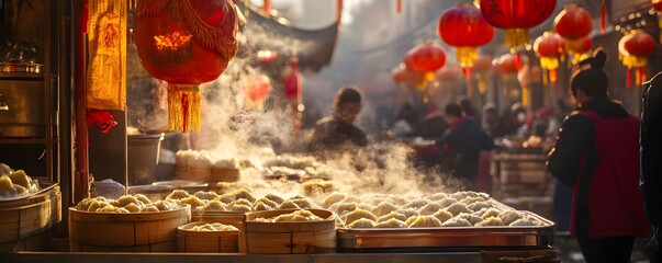 A vibrant street market scene filled with steaming dumplings and glowing lanterns