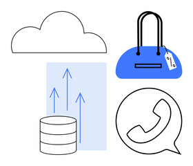 Cloud, database with upload arrows, blue handbag with tag, and telephone call symbol. Ideal for technology, storage, ecommerce, retail communication customer service data. Line metaphor