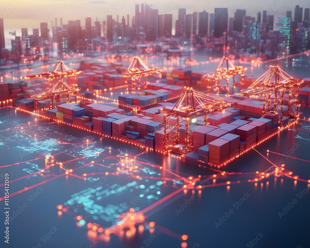 Poster aerial view of a bustling shipping port with containers and cranes illuminated at dusk