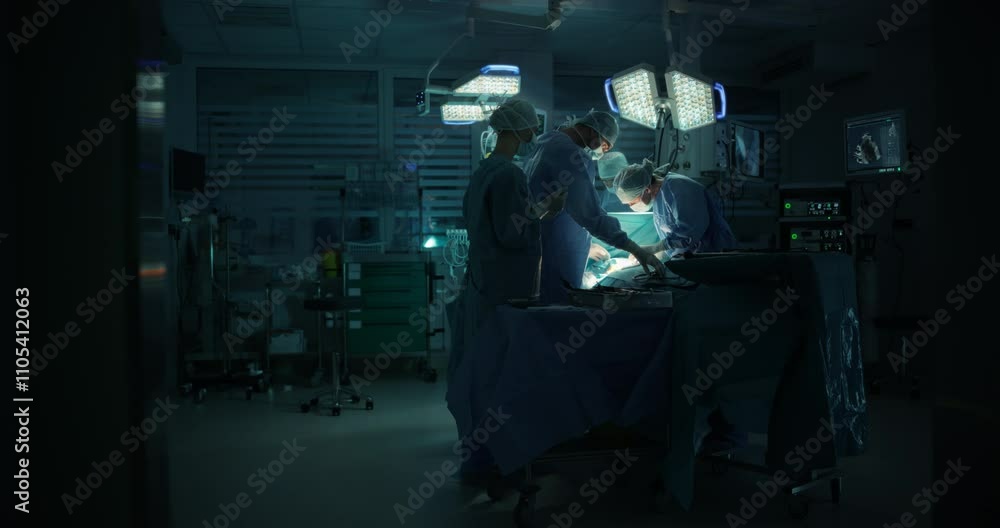 Aufkleber diverse surgical team working in a darkened operating room surrounded by advanced medical equipment.
