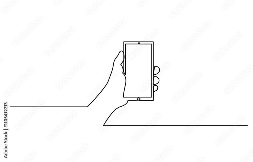 Poster one continuous line drawing of hands holding and touch the screen of smartphone, continuous one line