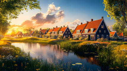 Fototapeta premium A picturesque village with traditional houses and a canal reflecting the setting sun, creating a serene and tranquil ambiance.