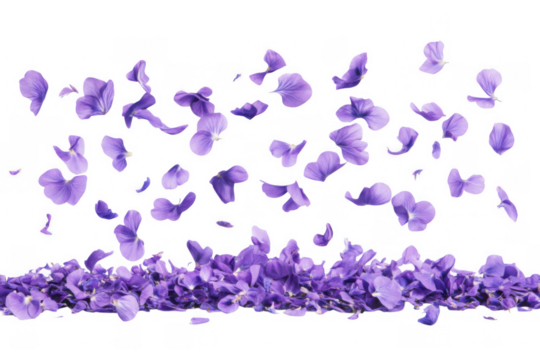 beautiful purple flower petals flying and falling in the air, isolated on transparent background, clipping path, PNG