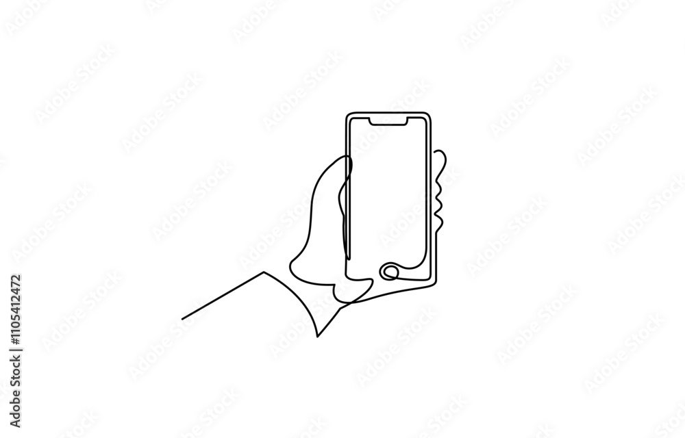 Poster one continuous line drawing of hands holding and touch the screen of smartphone, continuous one line