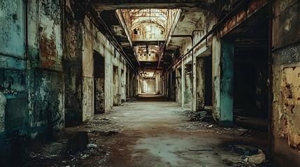 A Long, Abandoned Hallway in an Old Industrial Building with Peeling Paint and Crumbling Walls