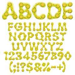 Font, alphabet, letter, number and sign made of jelly with slices of juicy yellow watermelon. Isolated vector object on white background.
