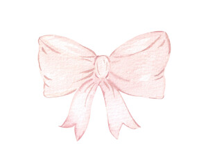 Watercolor pink bow. Girly pink ribbon bow in pastel colors. Vintage fancy bow, ribbon accessory. Cute design and decoration. Single element, hand drawn illustration.