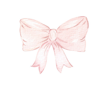 Watercolor pink bow. Girly pink ribbon bow in pastel colors. Vintage fancy bow, ribbon accessory. Cute design and decoration. Single element, hand drawn illustration.