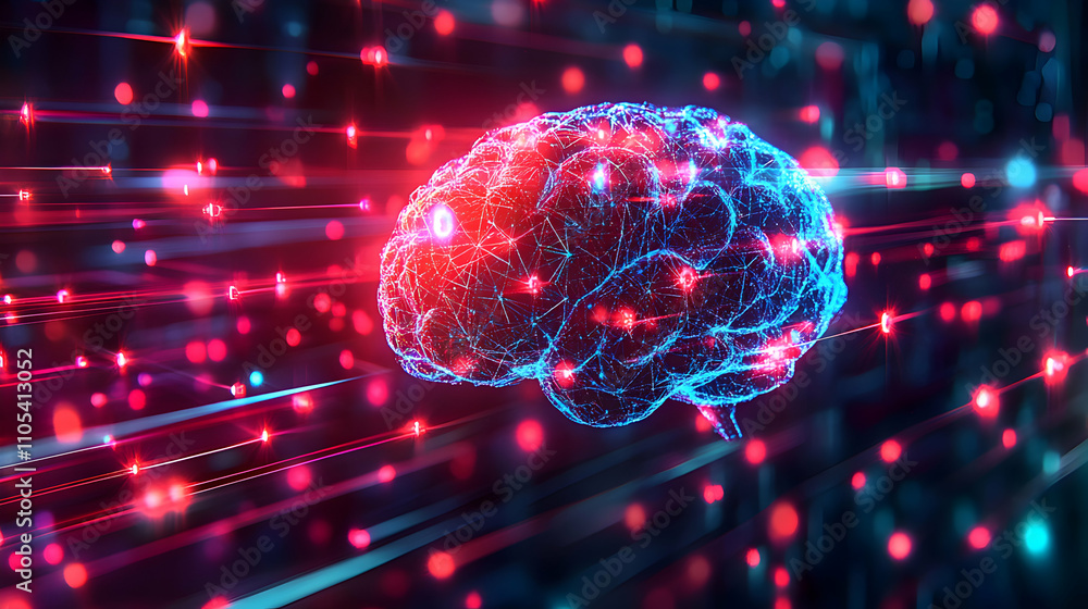 Poster a 3d digital illustration of a brain composed of connected lines and dots against a background of re