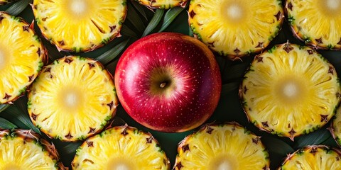 A close up view showcasing yellow and green pineapple slices, beautifully arranged, with a vibrant red apple placed on top, creating a visually appealing fruit composition with pineapple.