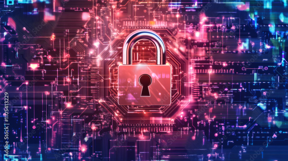 Leinwandbilder glowing padlock on vibrant circuit board, representing secure digital information and data protectio
