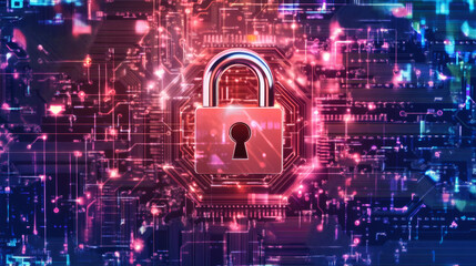 Glowing padlock on vibrant circuit board, representing secure digital information and data protection in cybersecurity