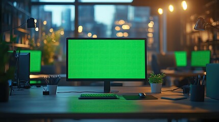 Naklejka premium Modern office desk with green screen monitor, workspace computer with blank green display, professional green screen setup for editing , Modern workspace with a blank computer screen.