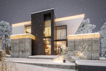 3d rendering of flat roof house with parking and pool for sale or rent with concrete facade and...