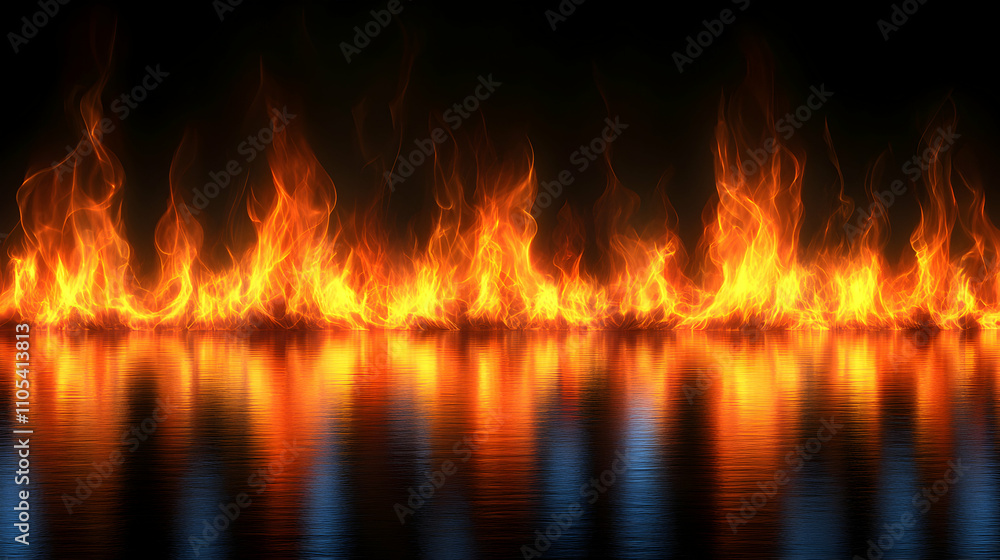 Poster 3d render of fiery flames reflecting on a still water surface, creating a dramatic and abstract back