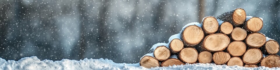 Winter logs stacked in snow under falling snowflakes