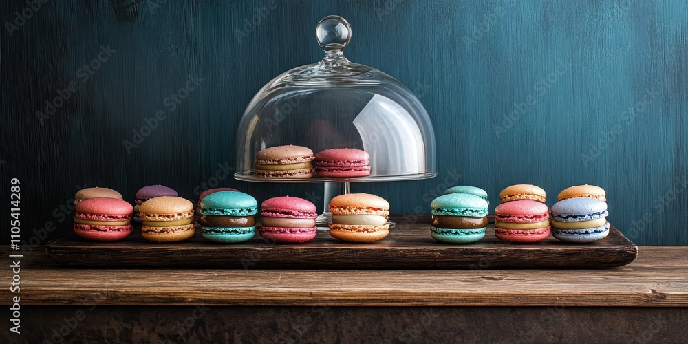 Poster macaroons displayed under a glass bell jar on a wooden table create an inviting scene. these macaroo