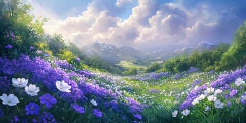 Obraz premium Purple and white flowers are blooming beautifully in this vibrant scene, showcasing the charm of nature. The stunning purple and white flowers stand out against the lush greenery and bright sky.
