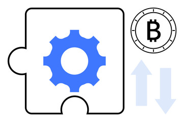 Obraz premium Puzzle piece with blue gear, Bitcoin symbol within circle, light blue and white exchange arrows pointing up and down. Ideal for cryptocurrency, finance, investment, blockchain, technology, strategy