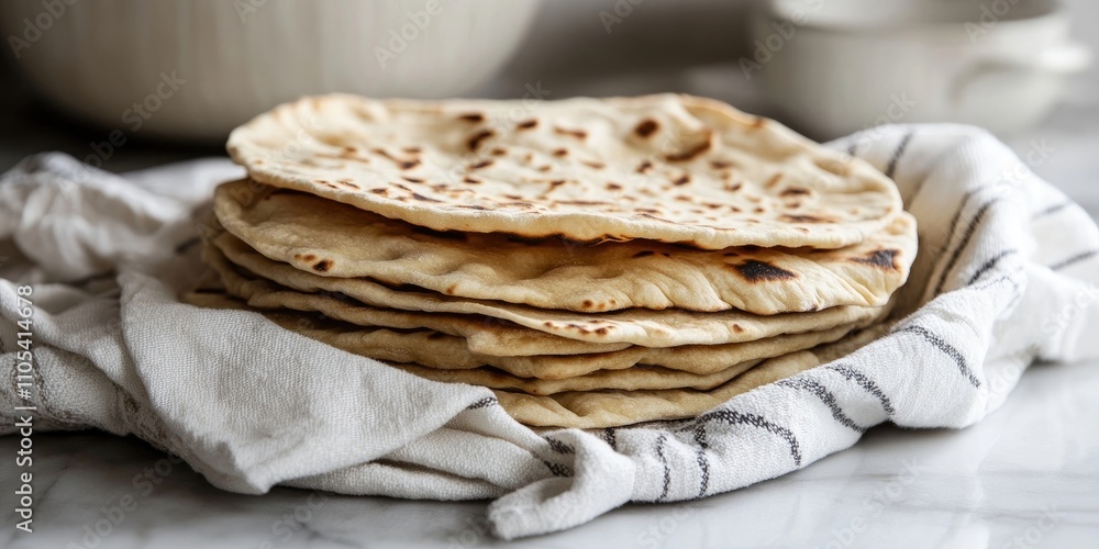 Poster freshly baked flatbread stacked neatly and wrapped in a kitchen towel, showcasing the warm and invit