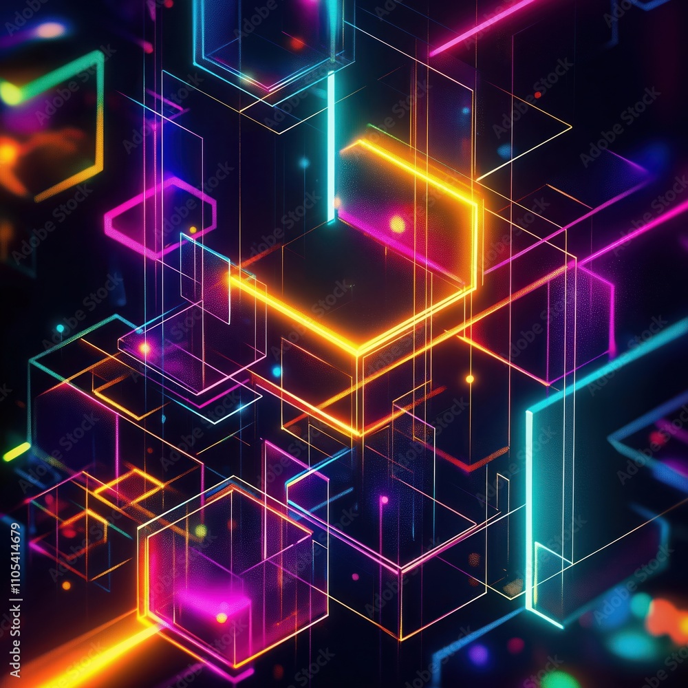 Poster abstract illustration shows geometric shapes like cubes, hexagons in vibrant neon colors. colorful g
