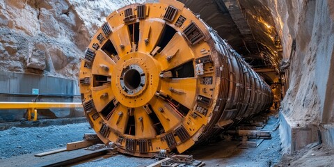 Tunnel boring machine operates at a construction site, actively building the metro. This tunnel boring machine assists workers in their efforts on the construction site efficiently.