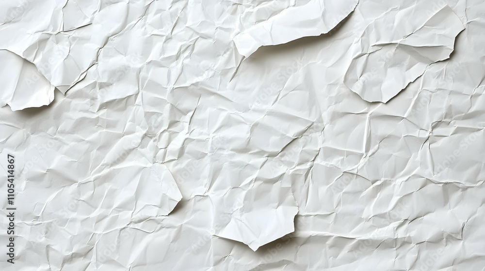 Poster a close-up view of crumpled white paper with wrinkles and creases for abstract texture backgrounds