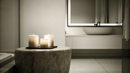 Minimalist Spa Bathroom with Candles on a Concrete Stool