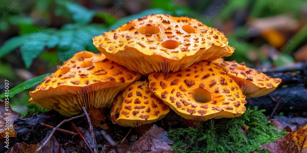 Poster cluster of jack o lantern mushrooms found on the forest floor, showcasing the unique features of jac