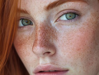 Fototapeta premium Portrait of a woman with freckles, makeup techniques, and natural beauty focus