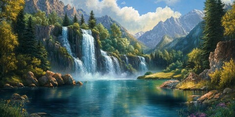 Fototapeta premium Waterfall cascading beautifully into a serene lake, showcasing the stunning charm of waterfall landscapes and nature s artistry, perfect for those who admire majestic waterfall scenes.