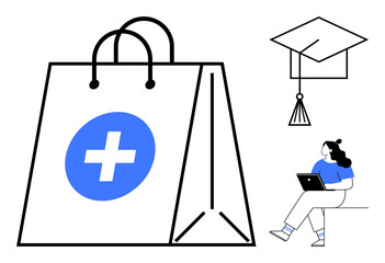 College student with laptop seated, large shopping bag with medical cross symbol, and graduation cap. Ideal for healthcare, online learning, educational programs, academic aid, e-commerce, medical
