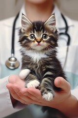 Adorable Kitten in Vets Care Tiny Feline Receiving a Gentle Checkup at the Veterinary Clinic