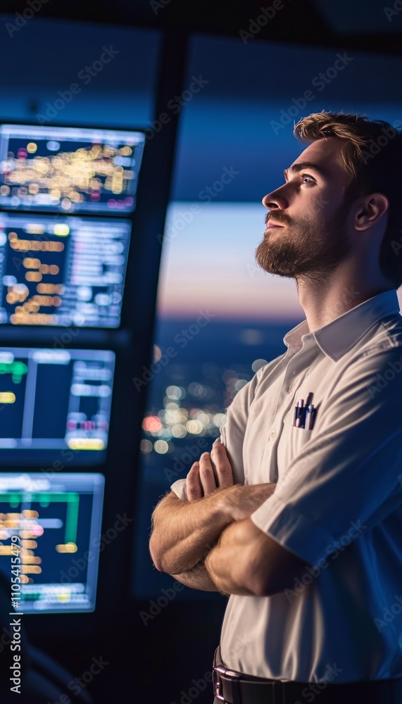 Poster confident air traffic controller monitoring flight data on multiple digital screens in control tower
