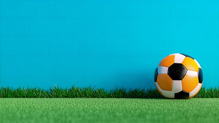 A vibrant soccer ball rests on green grass against a bright blue background, conveying a playful and sporty atmosphere.