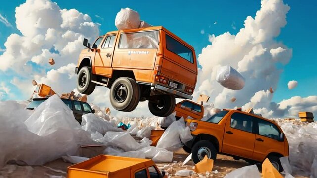 A surreal scene of a truck flying over trash and floating clouds.