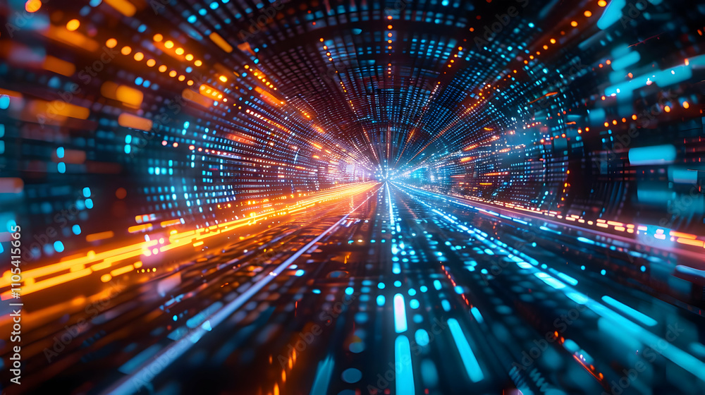 Poster abstract 3d digital tunnel of glowing lights speeds through cyberspace, representing data flow and t