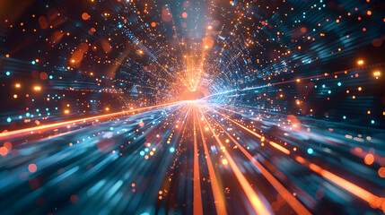 Naklejka premium Abstract 3D digital tunnel background with glowing blue and orange lines, particles and bokeh lights, radiating energy and speed.