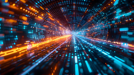 Abstract 3D Digital Tunnel of Glowing Lights Speeds Through Cyberspace, Representing Data Flow and Technology
