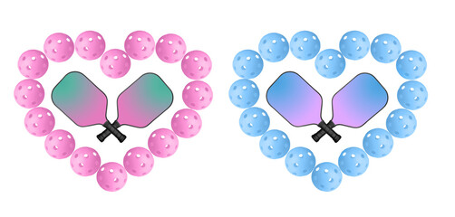 Heart shaped pattern made from Pink and light blue pickleball balls and two rackets.