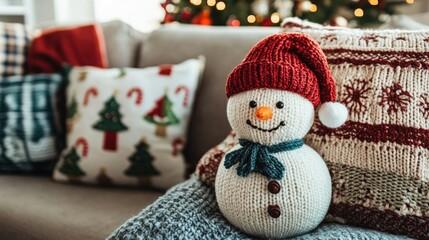 A knitted snowman Christmas decoration on a cozy sofa, with holiday-themed pillows in the background.