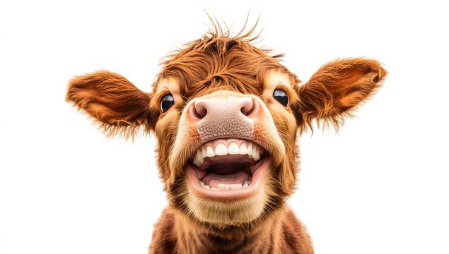 A cheerful calf with a big smile, showcasing its adorable teeth against a bright white background.